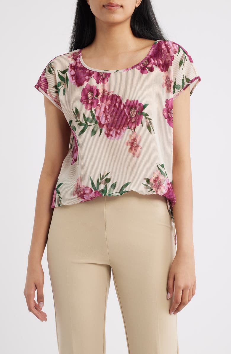 Tahari ASL Floral Plissé Top, Main, color, Sand Berry Floral