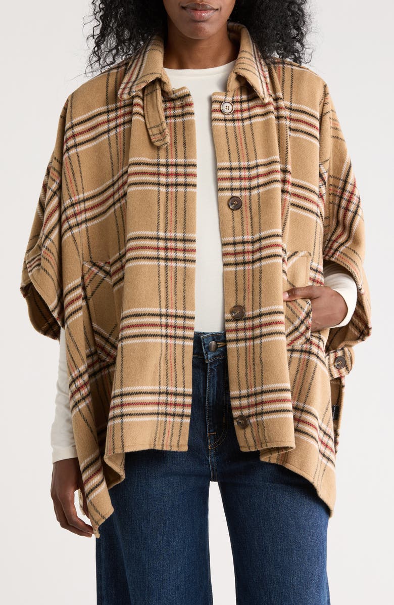 Ookie & Lala Faux Wool Plaid Cape, Alternate, color, Camel/ Black