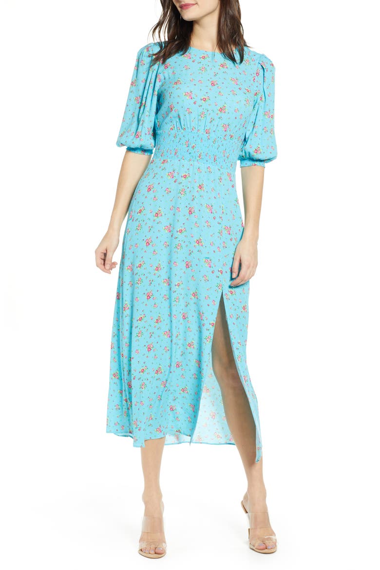 Print Smocked Waist Midi Dress, Main, color, BLUE ROSETTE