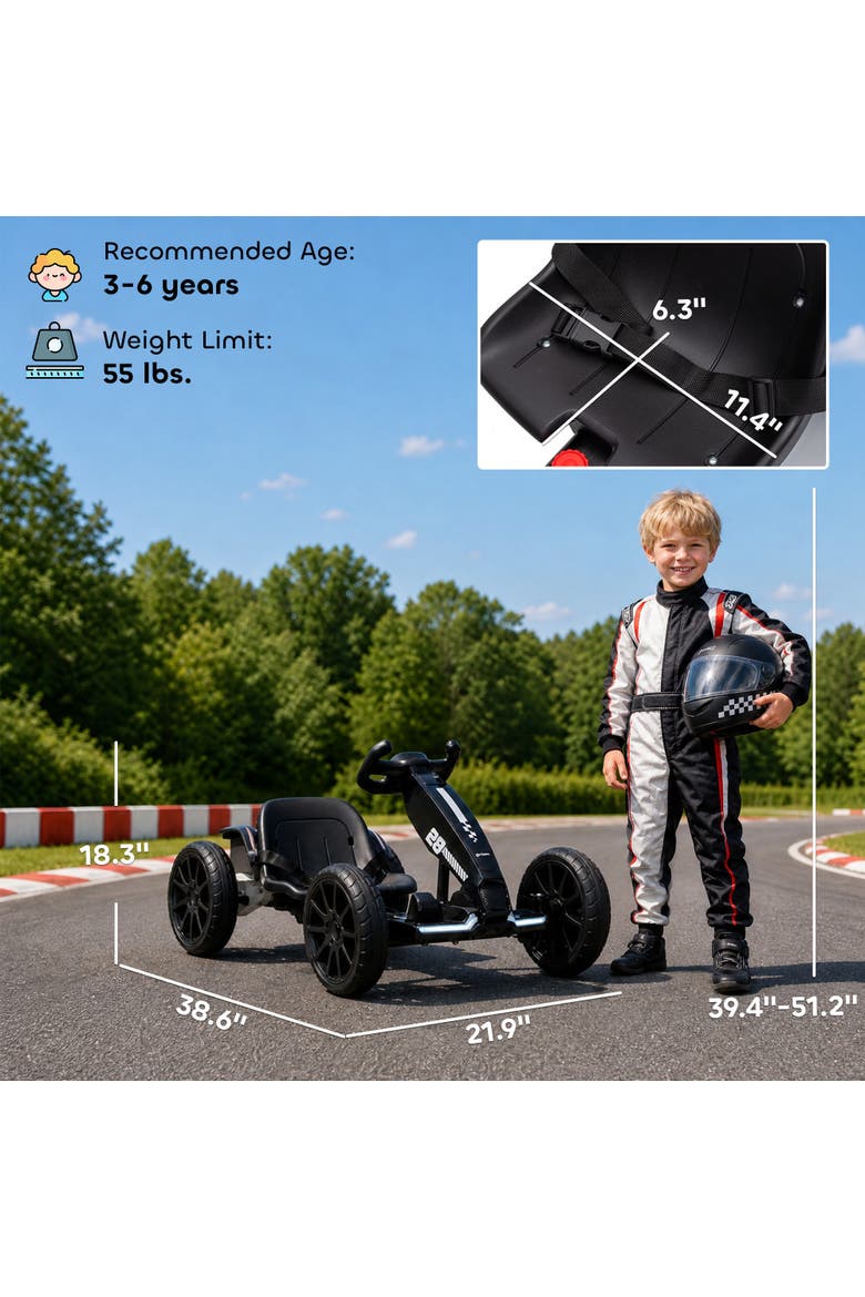 Electric Go Kart for Kids, 12V Outdoor Ride On Race Toy with Dual Motors, 4-Position Adjustable Seat, Soft Start, Alternate, color, Black