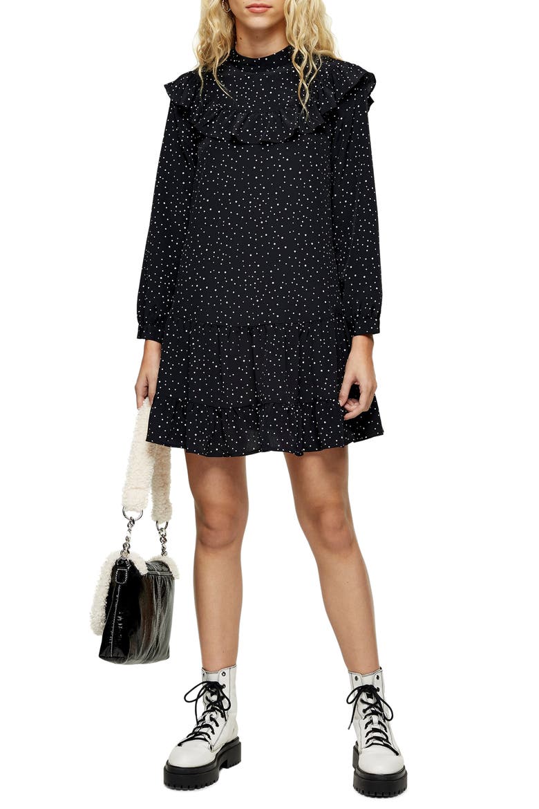 Ruffle Yoke Long Sleeve Minidress, Main, color, BLACK MULTI