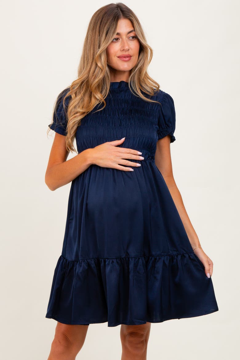 Satin Smocked Mock Neck Dress, Alternate, color, Navy Blue