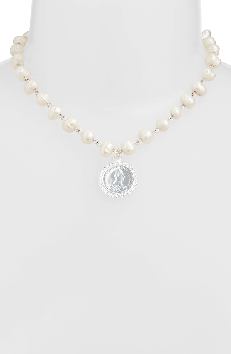 Karine Sultan Freshwater Pearl Station Medallion Necklace, Alternate, color, Silver
