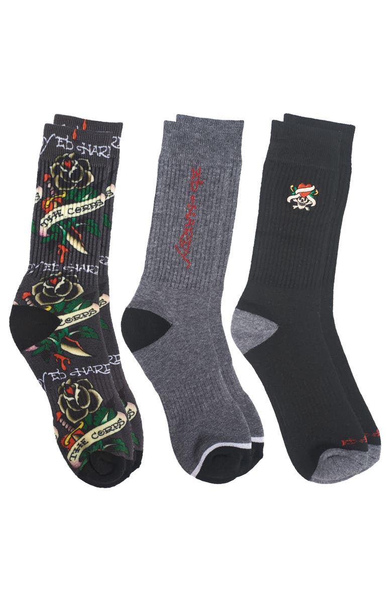Ed Hardy 360 Print Full Cushion Crew Sock 3-Pack, Alternate, color, Grey