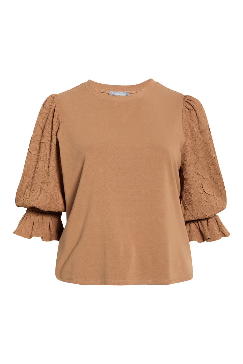 Mixed Media Smocked Sleeve Top(Plus), Alternate, color, BUTTER TOFFEE