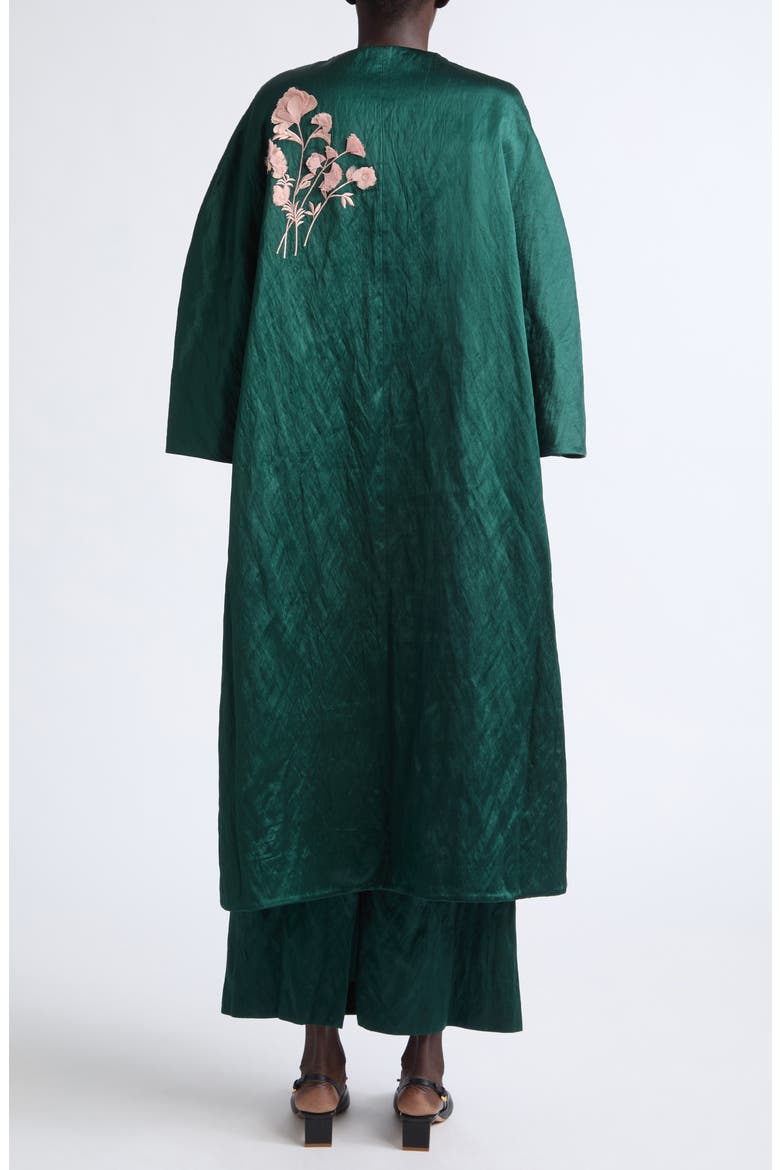Embroidered Textured Satin Coat, Alternate, color, FOREST GREEN