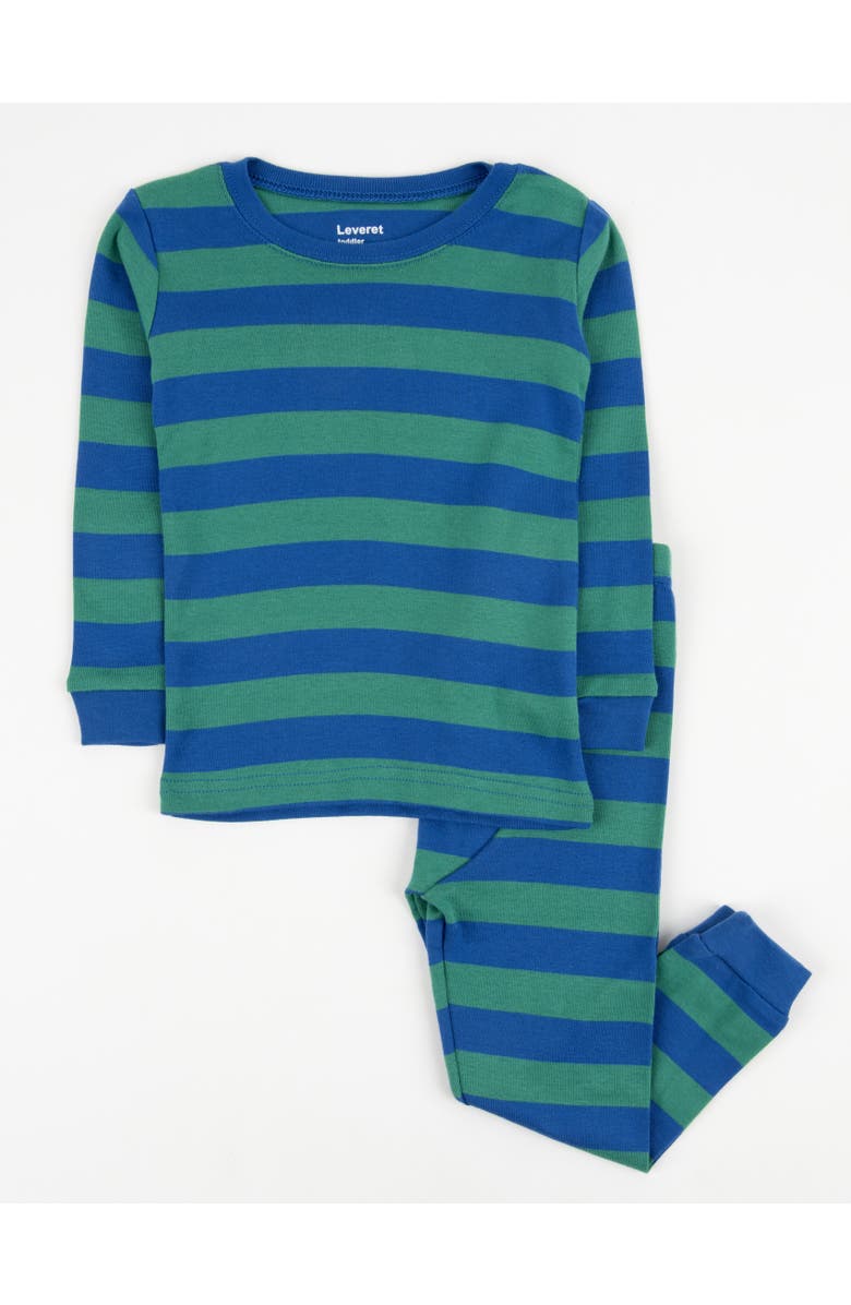 Leveret Kids Cotton Two-Piece Pajamas, Stripes, Solids & Tie Dye, Main, color, Striped Blue & Green