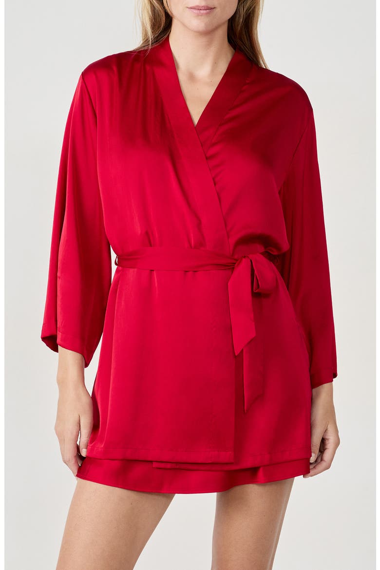 Confidence Deshabille Lace Trim Satin Robe, Main, color, RED