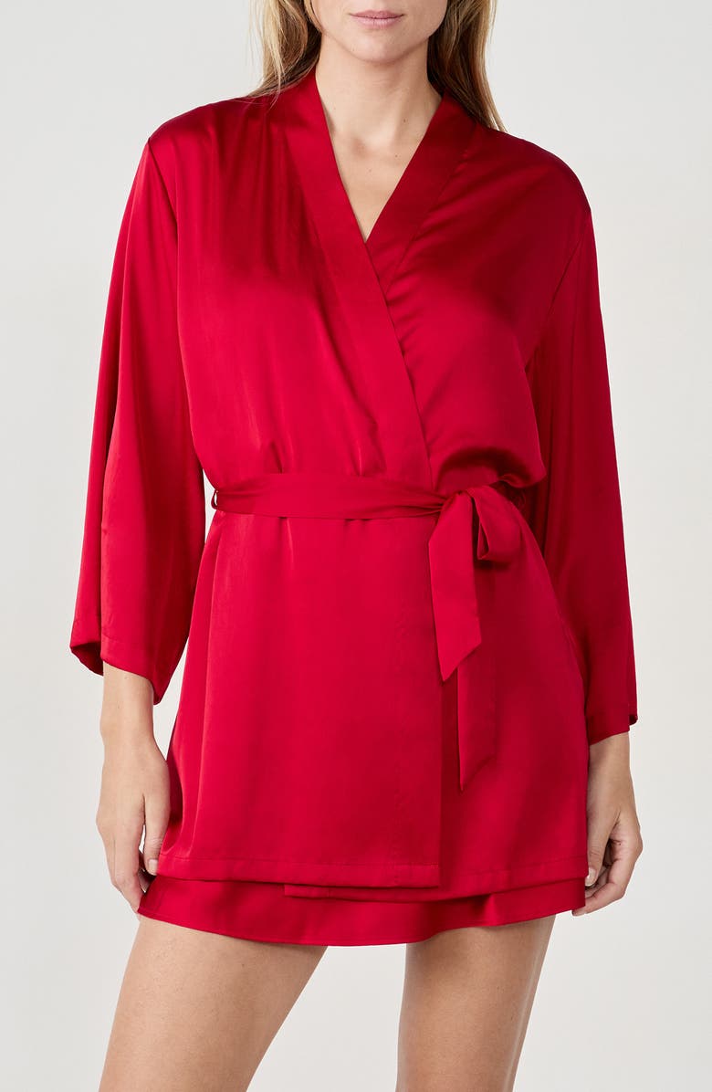 Etam Confidence Deshabille Lace Trim Satin Robe, Main, color, Red