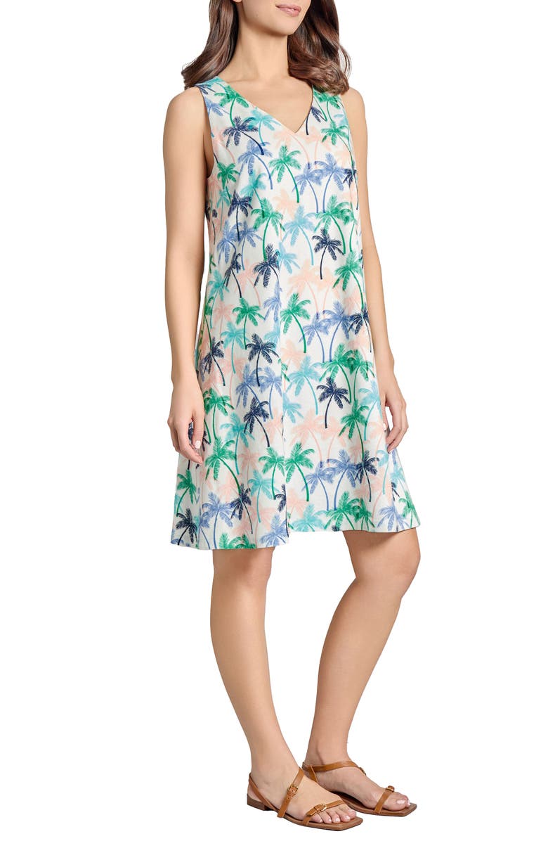 Jones New York Gina Palm Print Linen Blend Trapeze Dress, Alternate, color, 