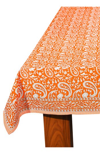 Tiramisu Tangerine Twirl Block Print Cotton Tablecloth In Orange
