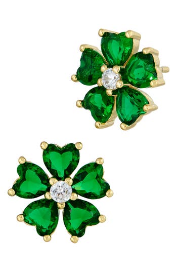 Savvy Cie Jewels 18k Gold Plated Cubic Zirconia Flower Stud Earrings In Green
