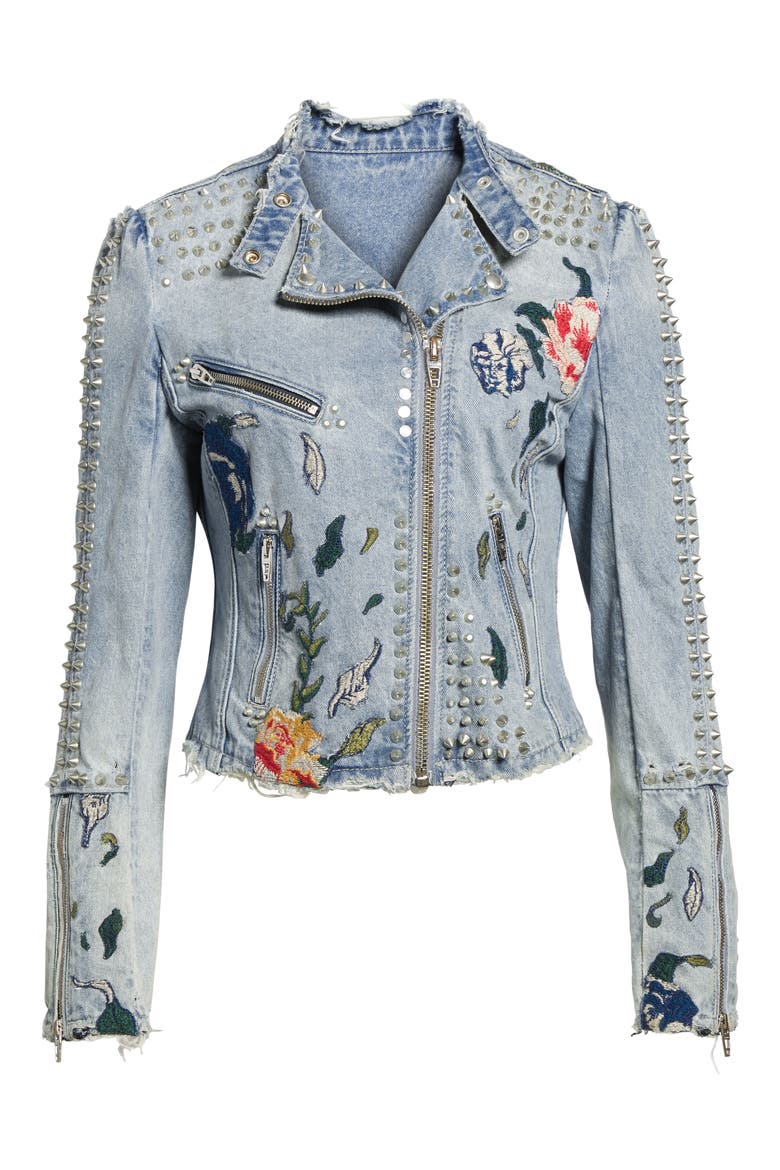 Sea of Flowers Studded Denim Moto Jacket, Alternate, color, DENIM BLUE