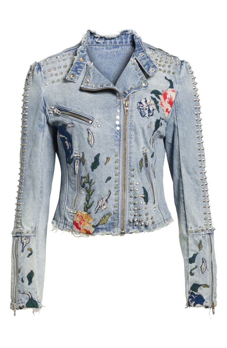 BLANKNYC Sea of Flowers Studded Denim Moto Jacket, Alternate, color, 