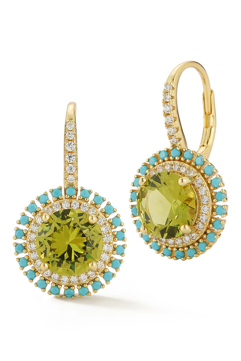 Cubic Zirconia & Synthetic Turquoise Halo Lever Back Earrings, Main, color, GOLD/GREEN