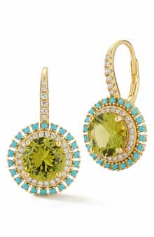 Cubic Zirconia & Synthetic Turquoise Halo Lever Back Earrings