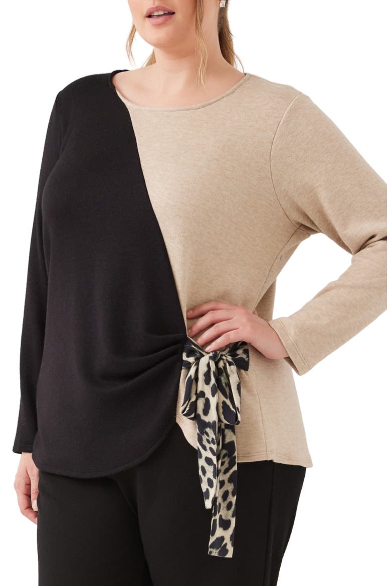 Colorblock Satin Bow Top, Main, color, BLACK/ LIGHT TAN