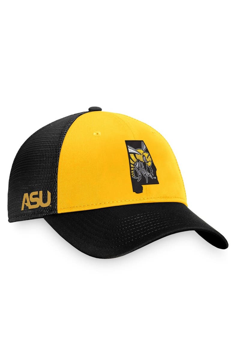 TOP OF THE WORLD Men's Top of the World Black/Gold Alabama State Hornets Origins Trucker Adjustable Hat, Main, color, Black