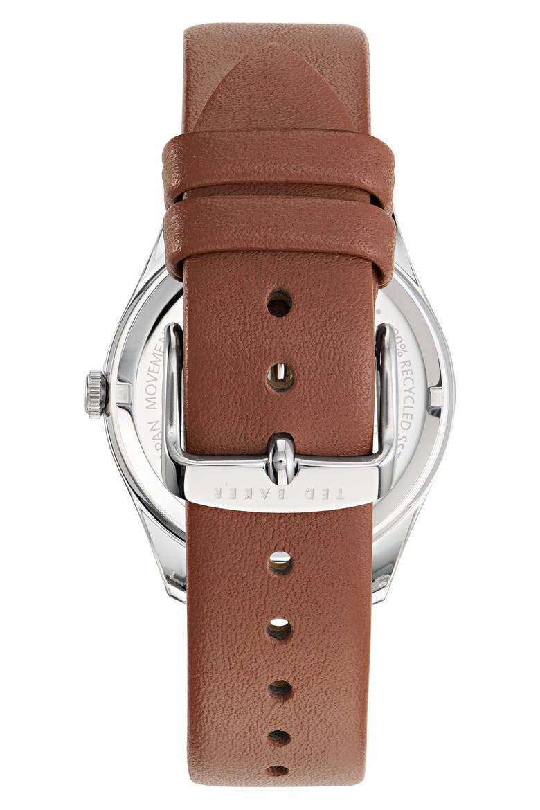 Recycled Stainless Steel Leather Strap Watch, Alternate, color, BROWN