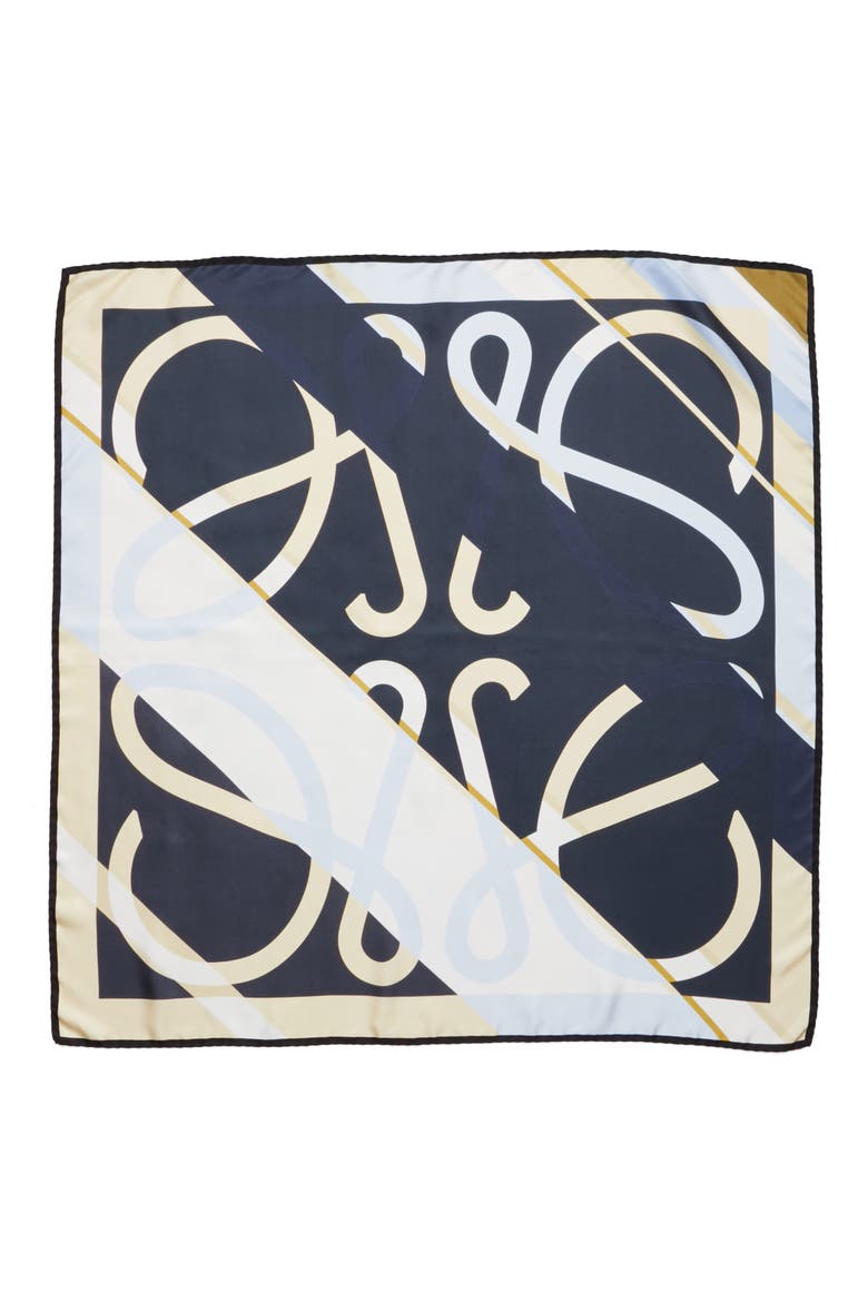 Stripe Anagram Print Silk Twill Scarf, Main, color, DARK NAVY BLUE