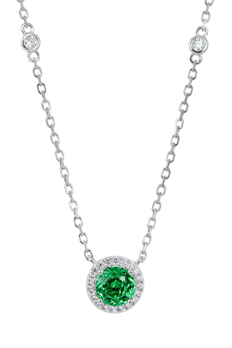 Floral Faceted Cubic Zironia Halo Pendant Necklace, Main, color, EMERALD GREEN