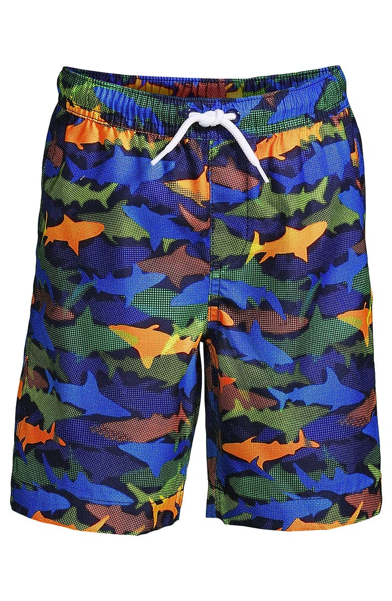 Lands' End Boys Husky Print Swim Trunks, Alternate, color, Navy Multi Sharks