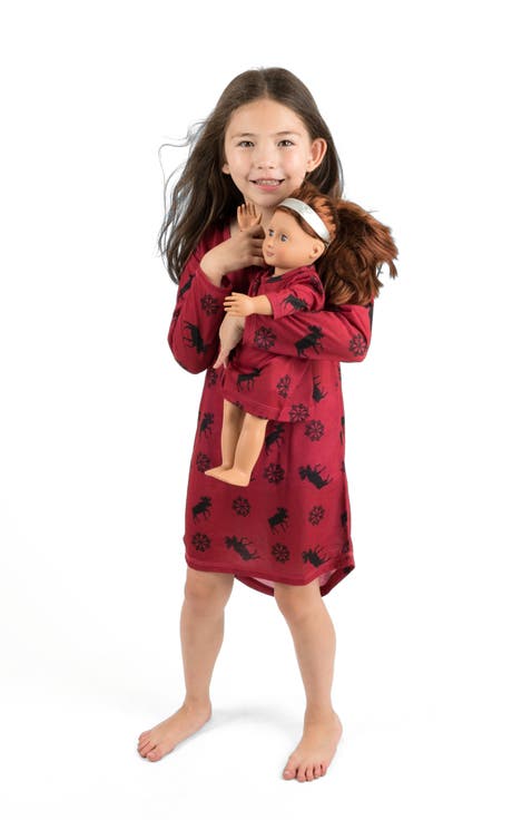 Girls Long Sleeve Nightgown with Matching Doll Nightgown, Printed Design
