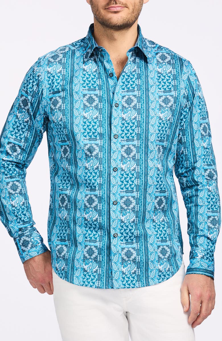 Robert Graham Paisley Print Cotton Button-Up Shirt, Main, color, Teal