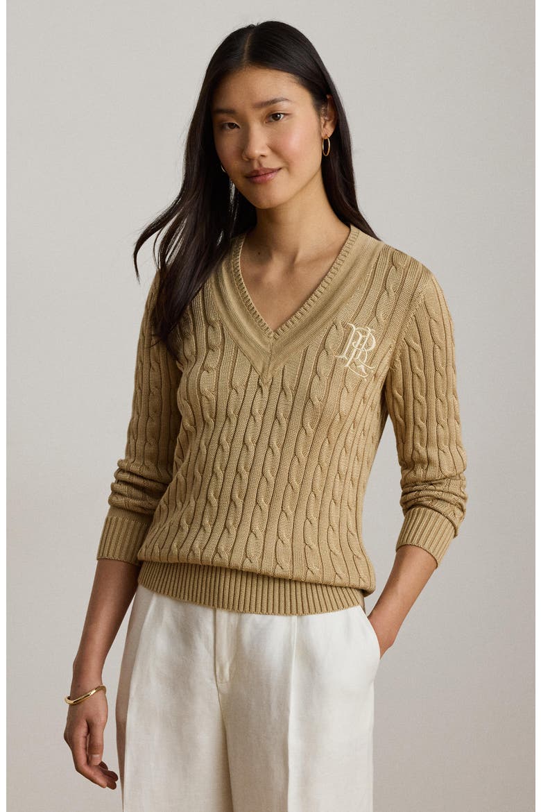 Cable Stitch V-Neck Sweater, Alternate, color, BEIGE