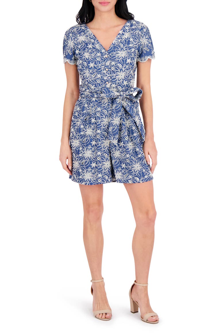 Embroidered Tie Waist Romper, Main, color, CHAMBRAY/ IVORY