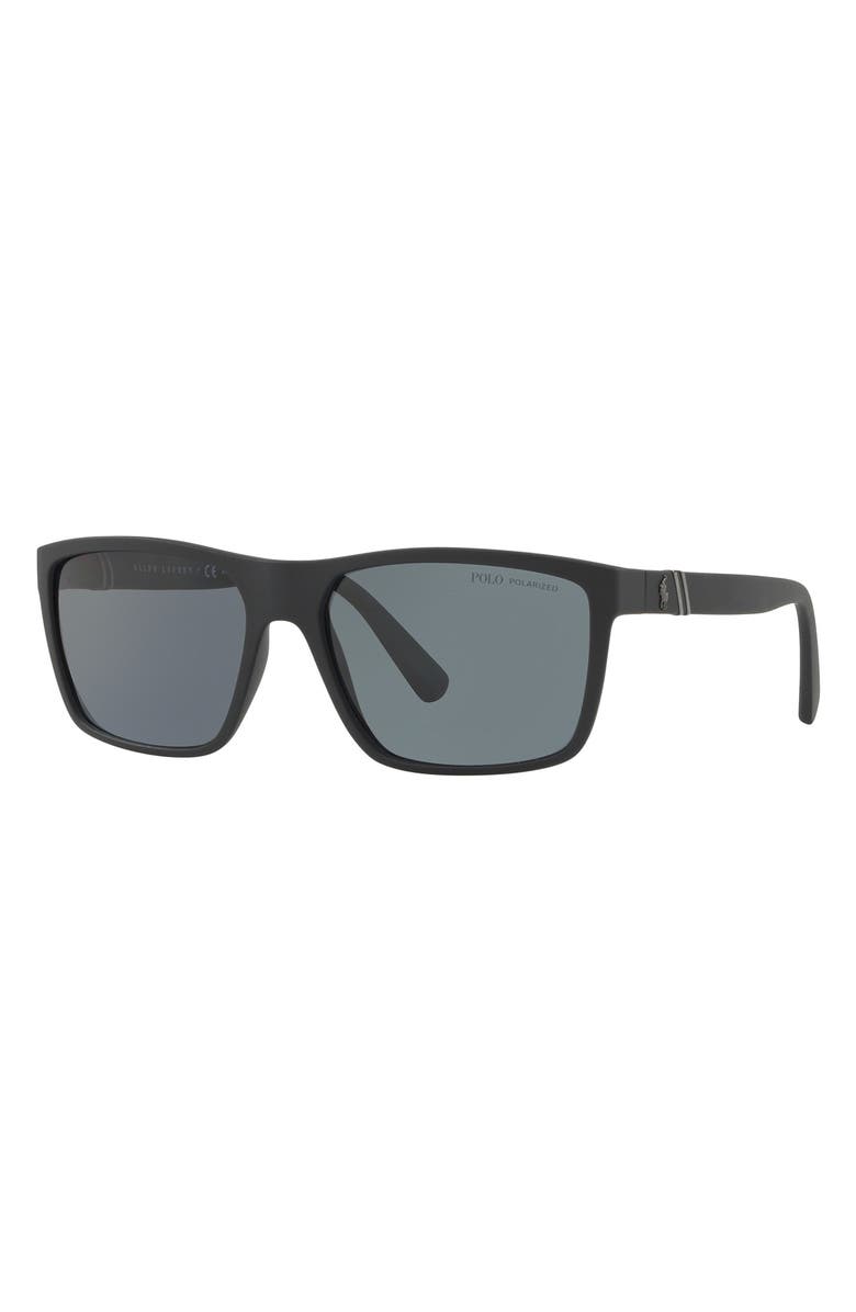 Polo Ralph Lauren 59mm Polarized Rectangular Sunglasses, Alternate, color, Matte Black / Polar Grey