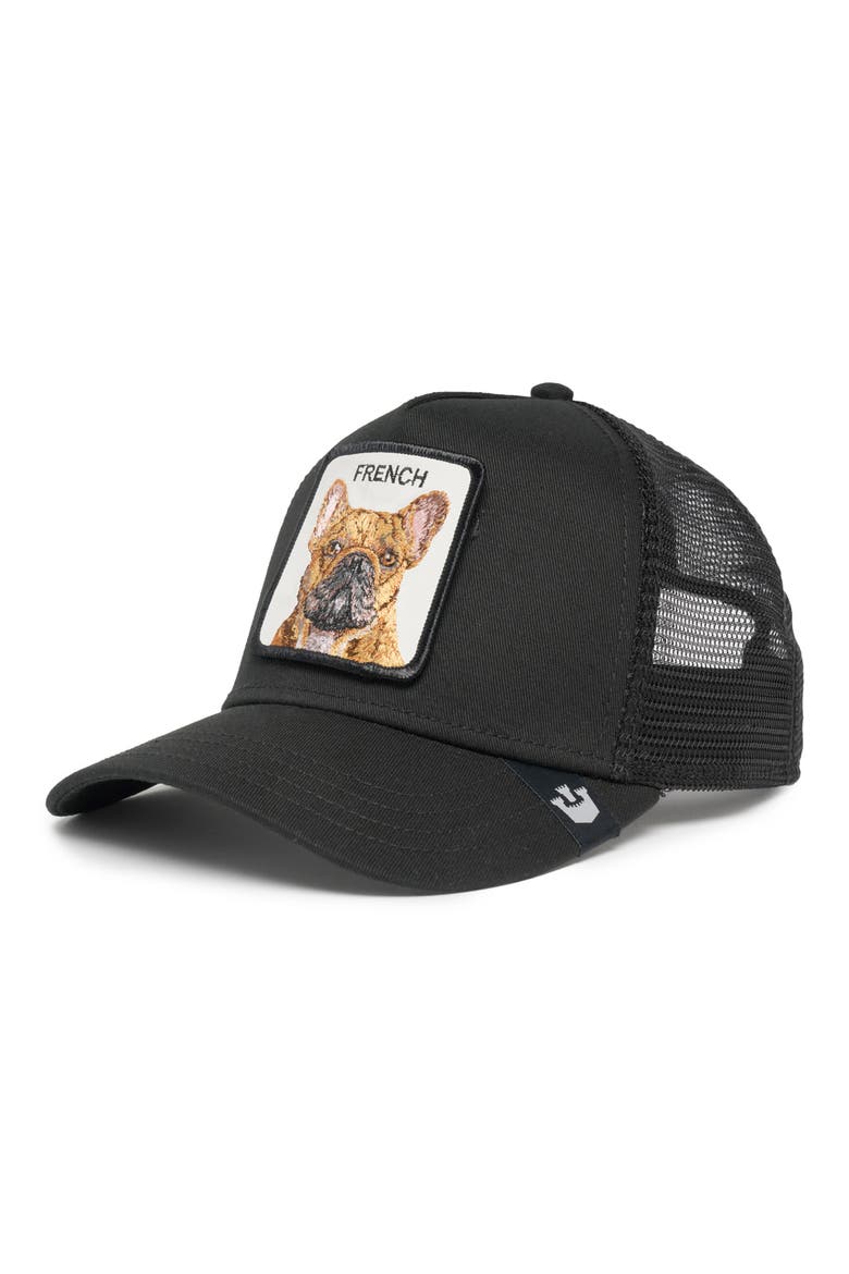 The French Frenchie Dog Patch Snapback Trucker Hat, Main, color, BLACK