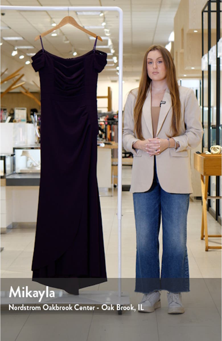 Ruched Off the Shoulder Scuba Crepe Trumpet Gown, sales video thumbnail