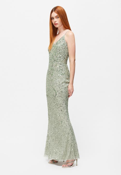 Beauut Embellished Sequin Beaded V Neck Dress In Sage Green