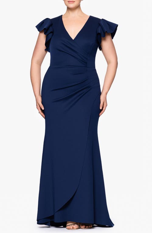 Xscape Evenings Ruffle Ruched Scuba Knit Gown