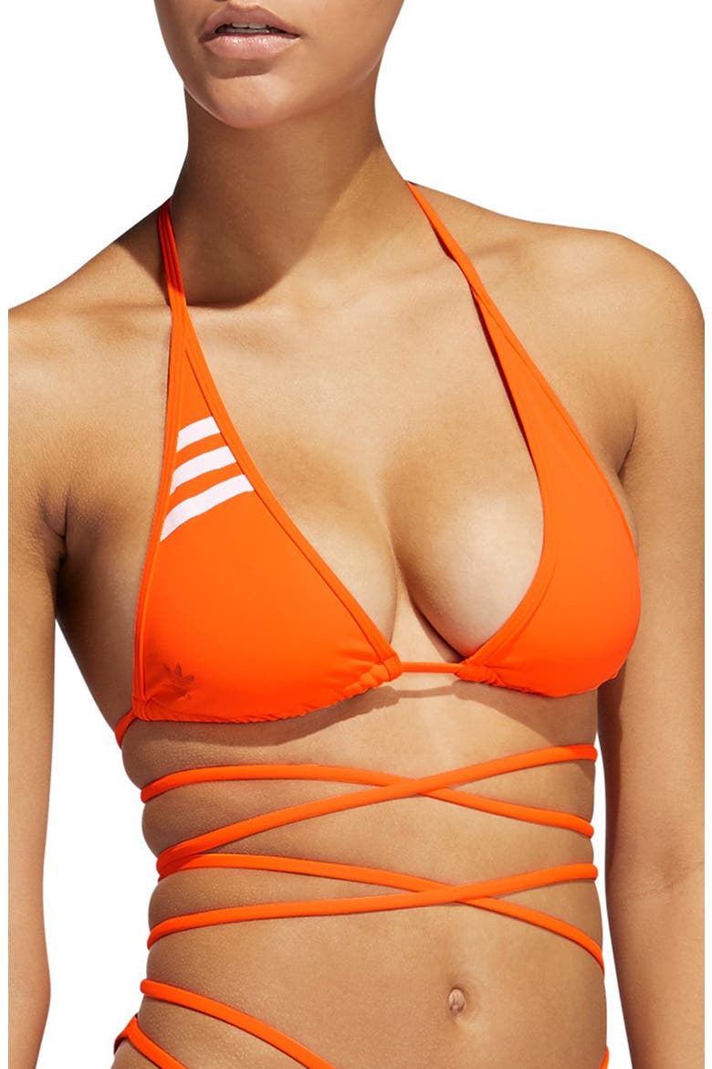 Strappy Wrapped Bikini Top, Alternate, color, SOLAR ORANGE/ WHITE