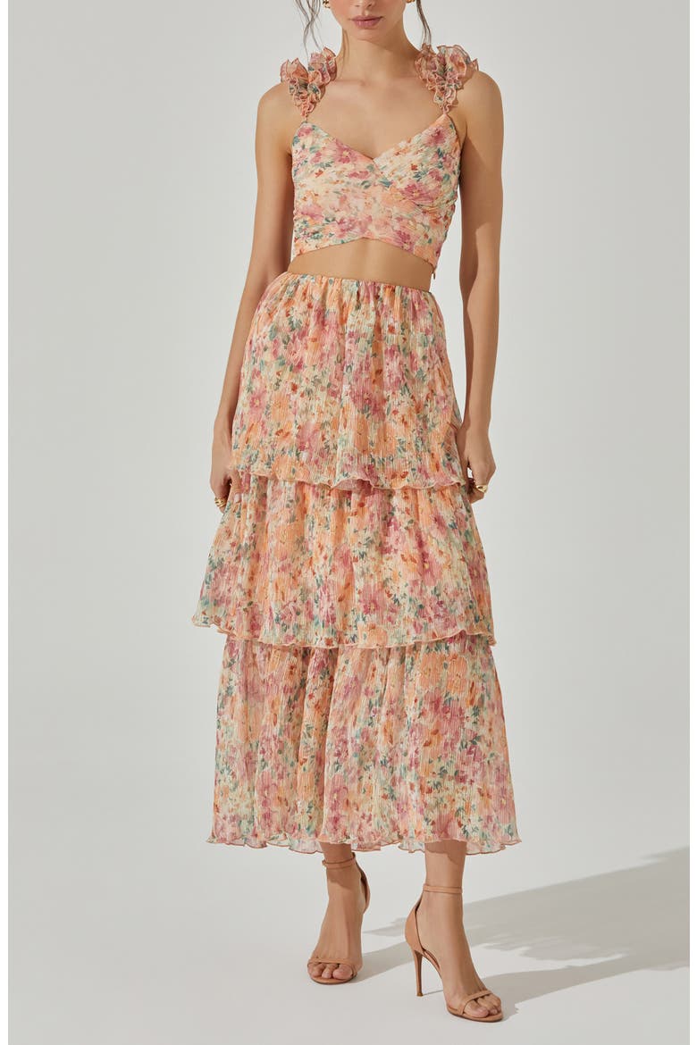 Floral Ruffle Strap Plissé Crop Top, Alternate, color, GREEN ORAN