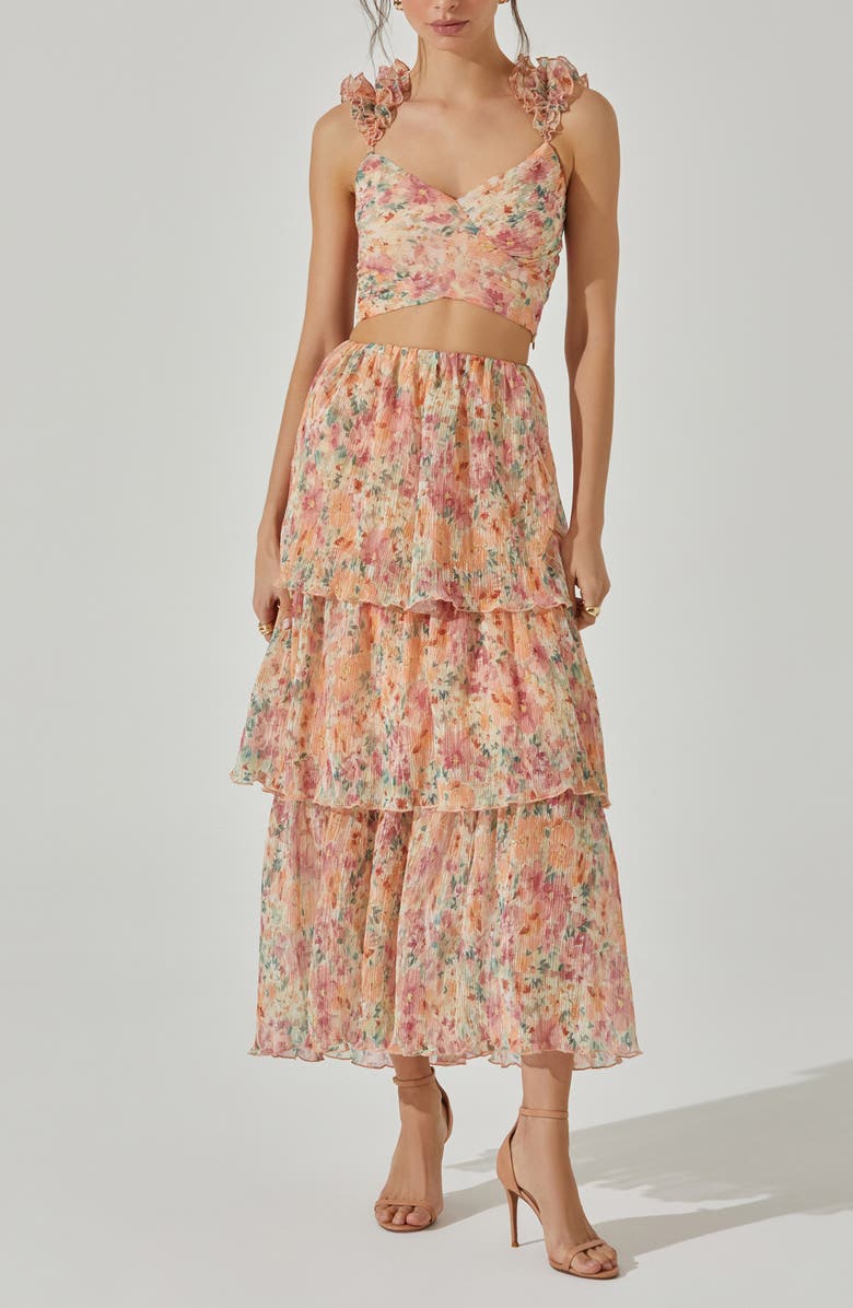 ASTR the Label Floral Ruffle Strap Plissé Crop Top, Alternate, color, Green Orange Multi