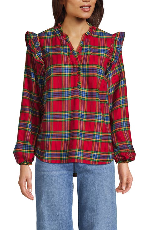 Ruffle Front Flannel Popover Blouse
