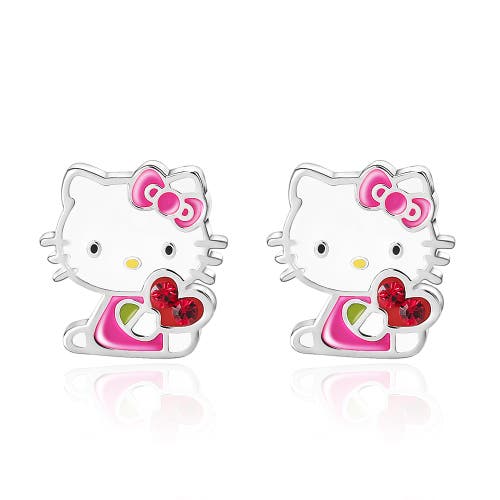 Hello Kitty Silver Plated Crystal Enamel Heart Stud Earrings In Silver