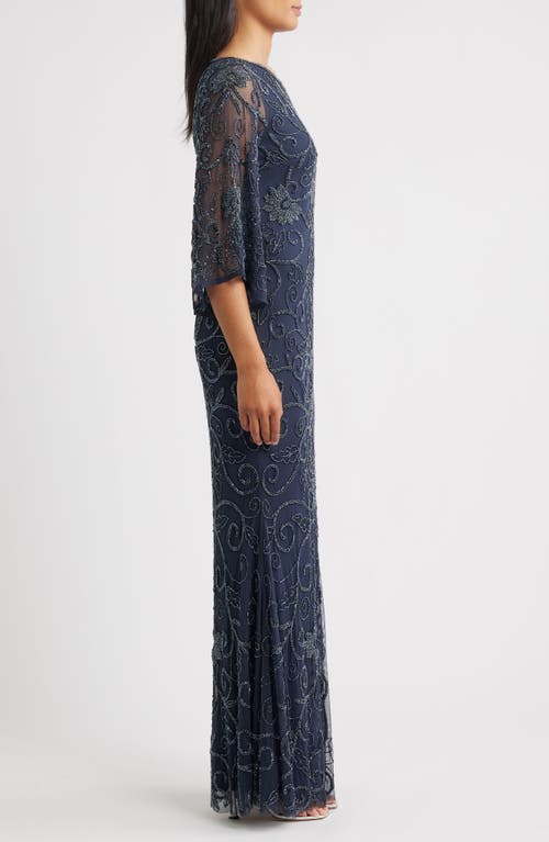 Pisarro Nights Beaded Three Quarter Sleeve Gown In Blue