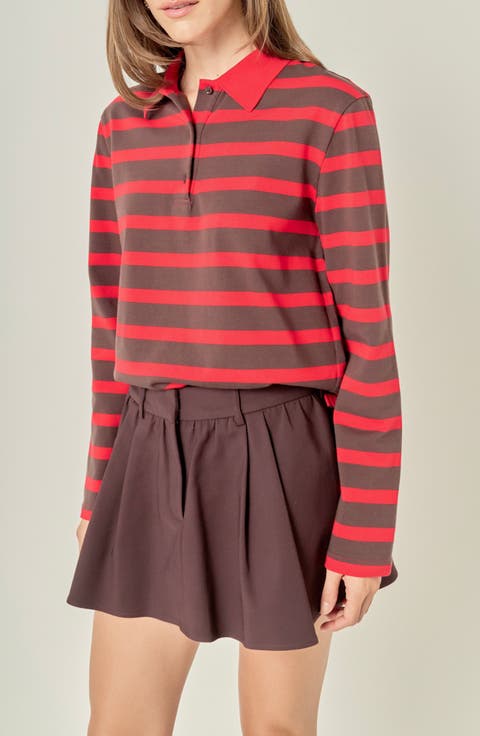 Striped Long Sleeve Polo Knit Top