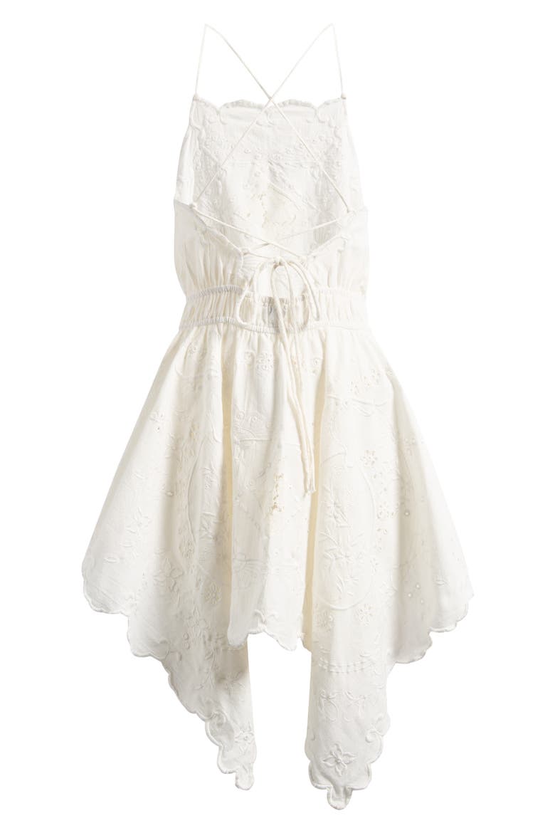 Eyelet Embroidered Handkerchief Hem Cotton & Linen Sundress, Alternate, color, WHITE