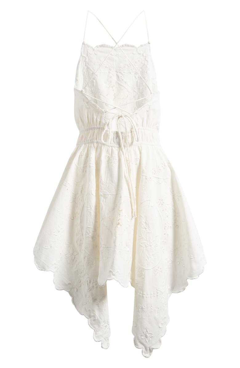 Topshop Eyelet Embroidered Handkerchief Hem Cotton & Linen Sundress, Alternate, color, White