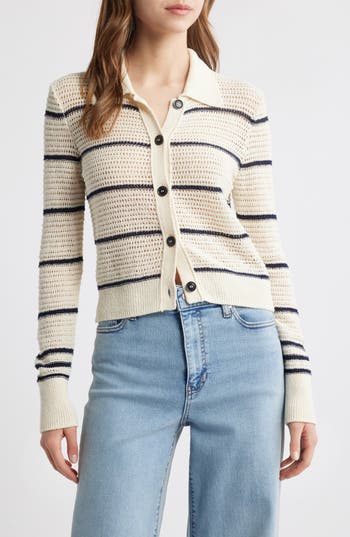 FRAME The Shrunken Stripe Cotton Blend Cardigan in Cream Multi at Nordstrom Rack, Size X-Large