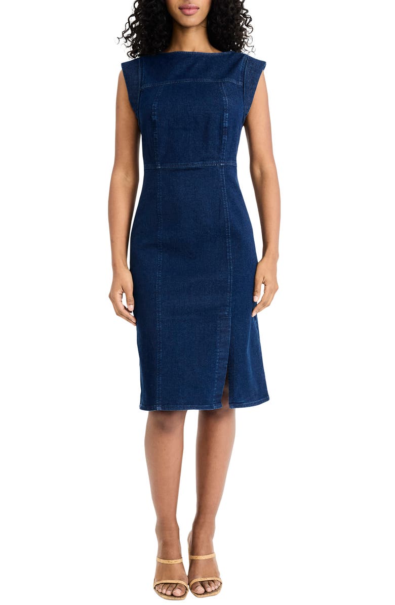 Donna Morgan Sleeveless Denim Sheath Dress, Main, color, Dark Wash