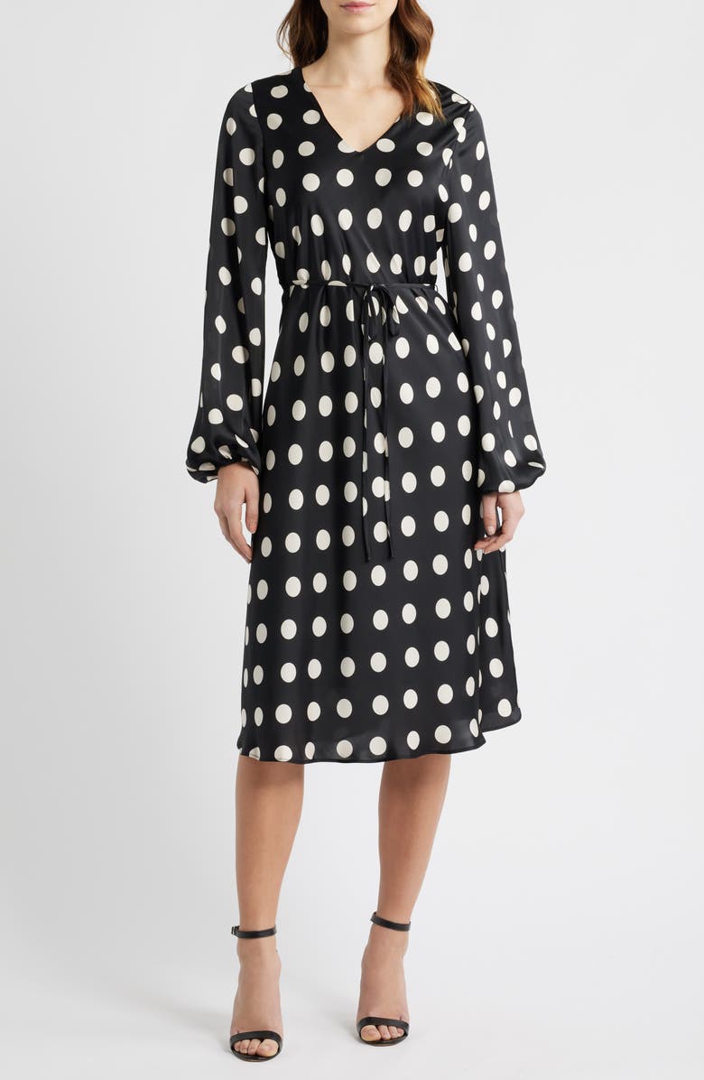 Sam Edelman Dot Long Sleeve Midi Dress, Main, color, Black
