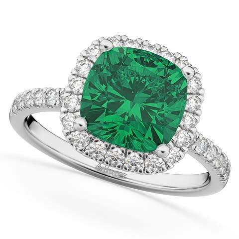 Cushion Cut Halo Lab Emerald & Lab Diamond Engagement Ring 14k