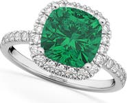 ALLUREZ Cushion Cut Halo Lab Emerald & Lab Diamond Engagement Ring 14k