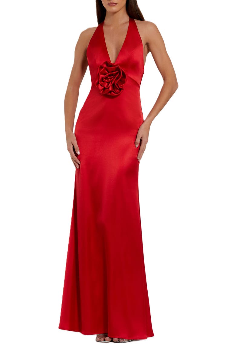 Fitted Satin Sleeveless Halter Gown With 3D Flower, Main, color, Red
